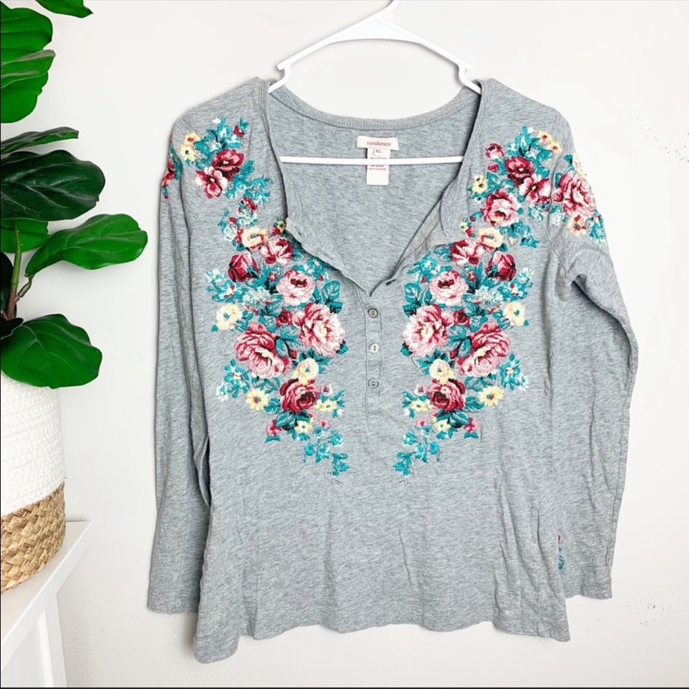 Sundance Gray Floral Embroidered Long Sleeve Top